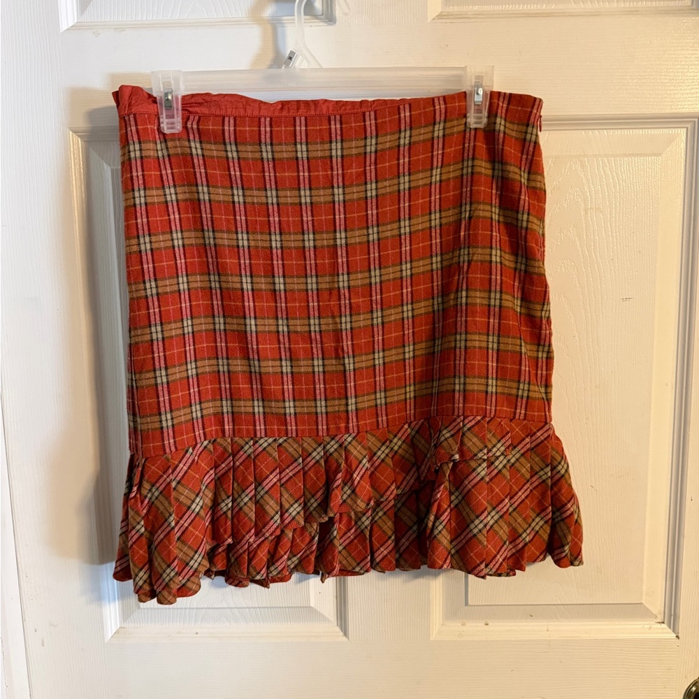 Ann Taylor LOFT Red Plaid Mini Skirt with Ruffle Hem